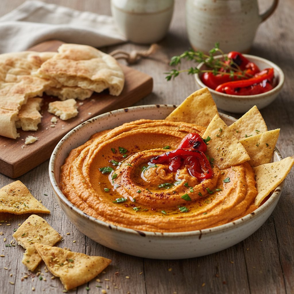 Mediterranean Roasted Red Pepper Hummus with Pita Chips