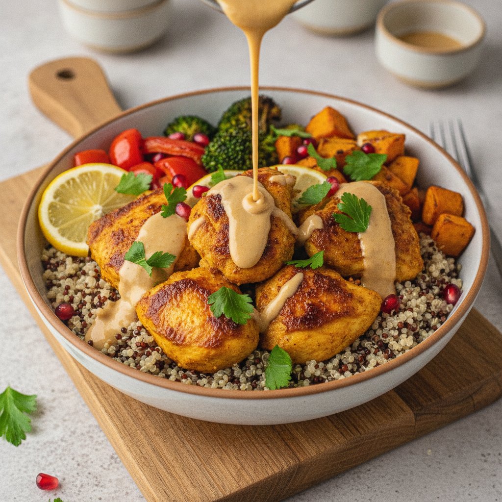 Mediterranean Turmeric Chicken Bowl with Quinoa, Roasted Veggies, and Tangy Citrus-Tahini Drizzle