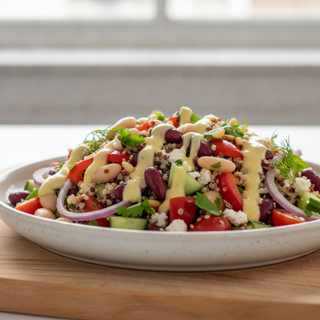 Mediterranean Zesty Bean & Quinoa Salad with Lemon-Tahini Vinaigrette