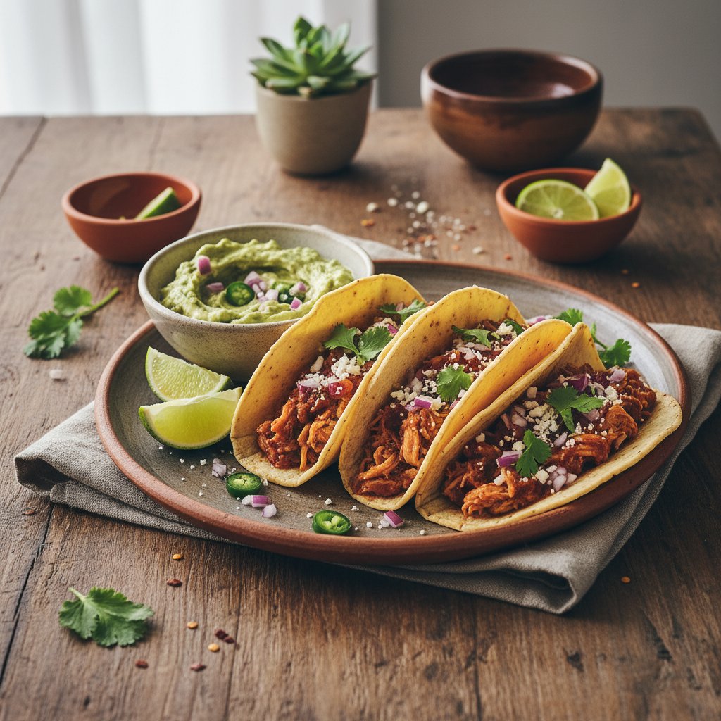 Mexican Chicken Tinga Tacos with Avocado Salsa