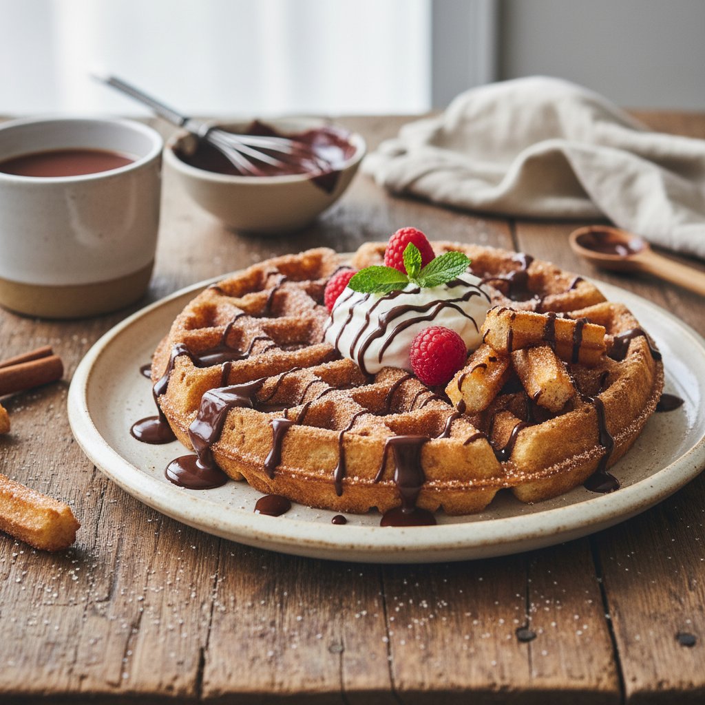 Mexican Churro Waffles with Chocolate Drizzle