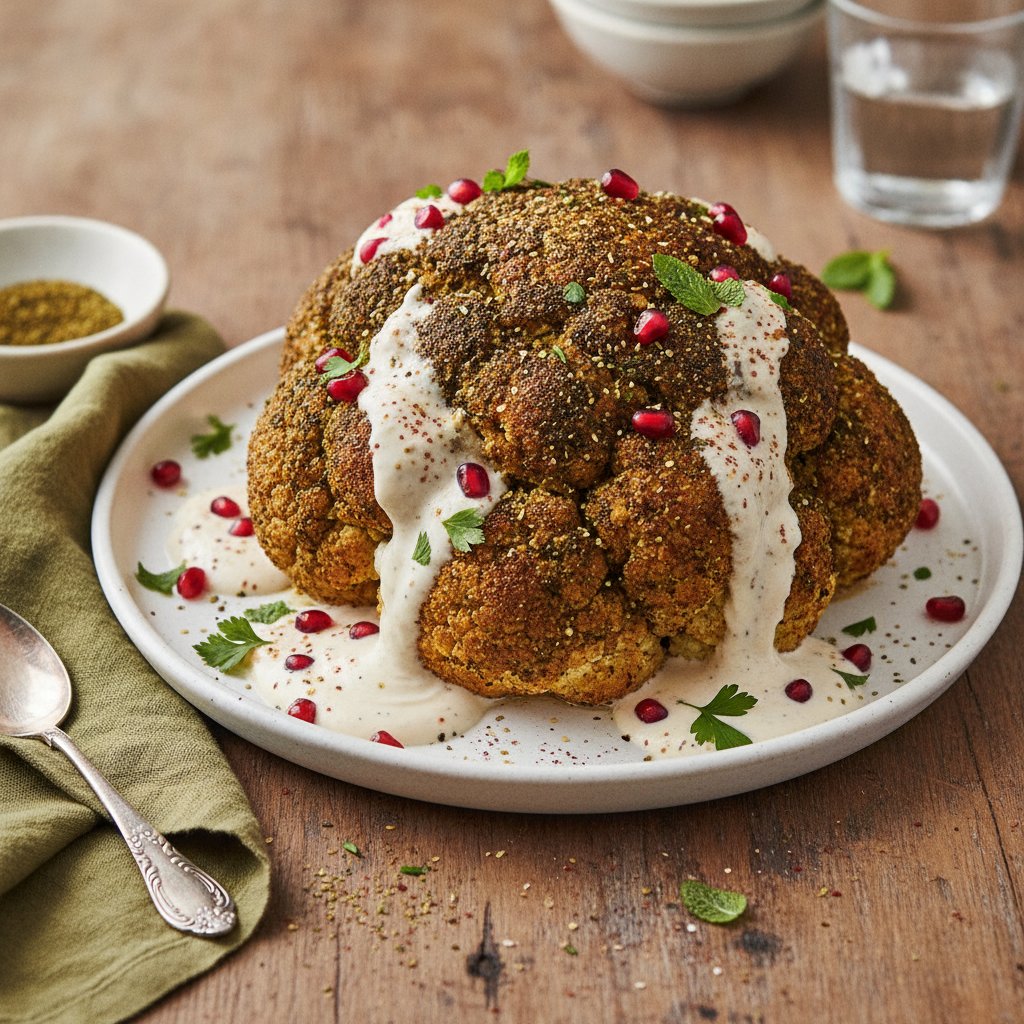 Middle Eastern Za'atar Roasted Cauliflower with Pomegranate and Tahini Yogurt