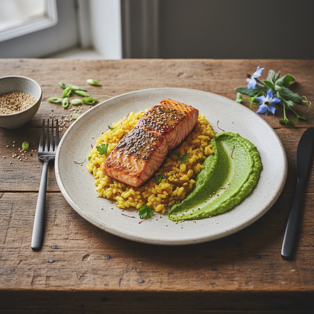 Miso-Glazed Salmon with Saffron Risotto and Wasabi Pea Purée