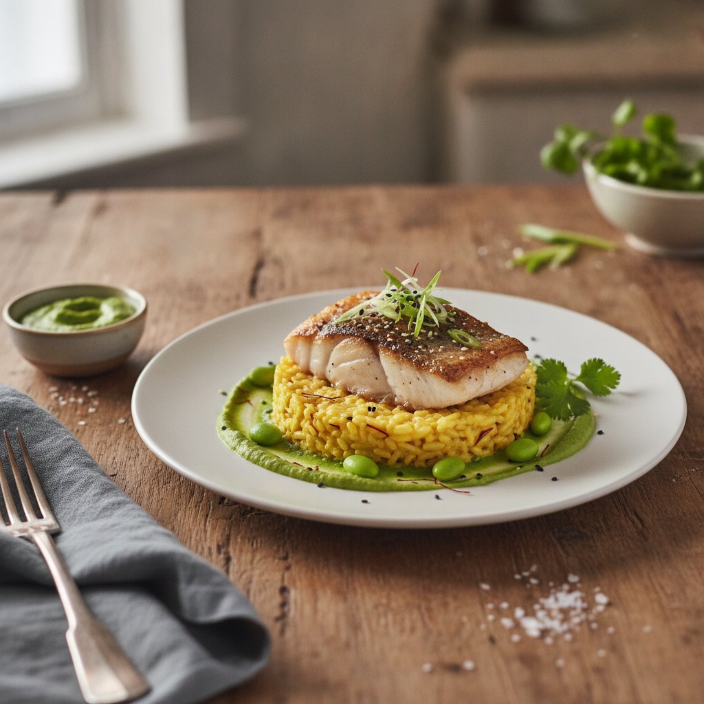 Miso-Glazed Sea Bass with Saffron Risotto and Wasabi Edamame Purée