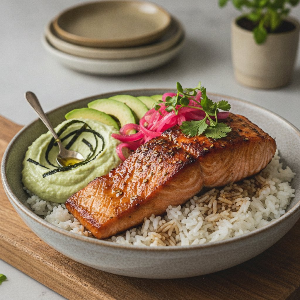 Miso-Infused Salmon Rice Bowl with Avocado Wasabi Cream and Pickled Red Onion