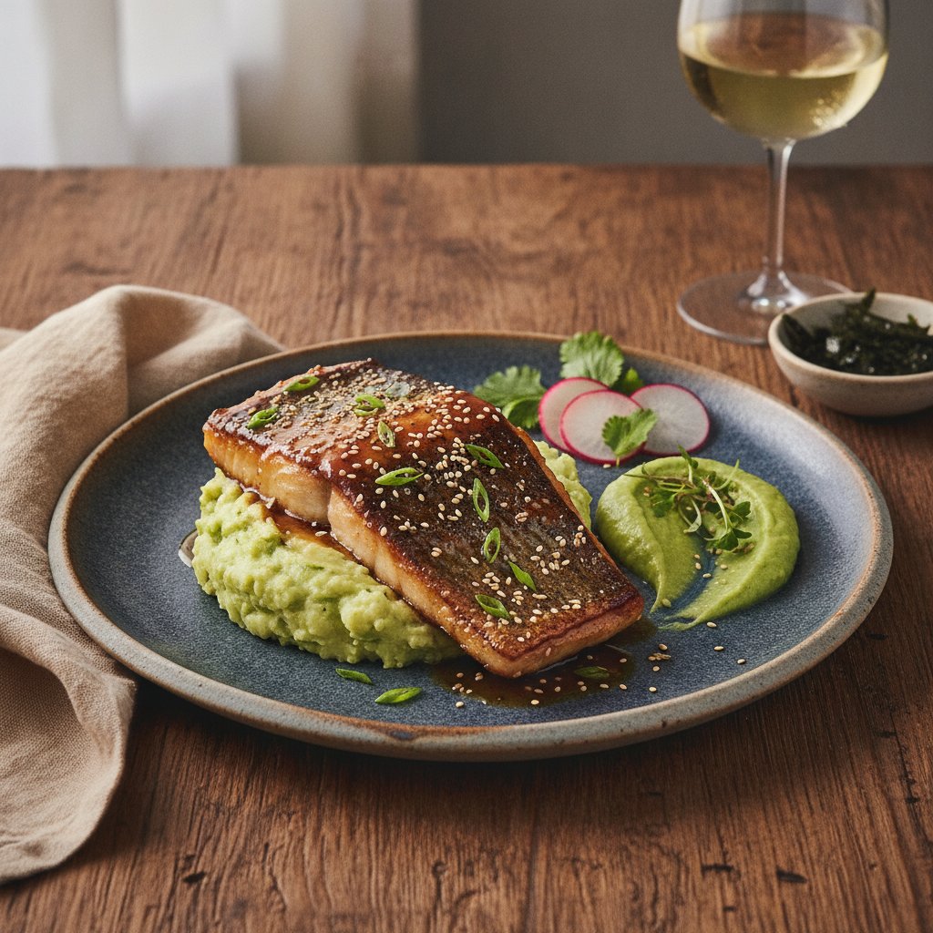 Miso-Maple Glazed Sea Bass with Wasabi Mashed Potatoes