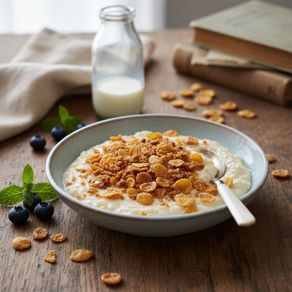 Nostalgic Cereal Milk Rice Pudding with Brown Butter Cornflake Crumble