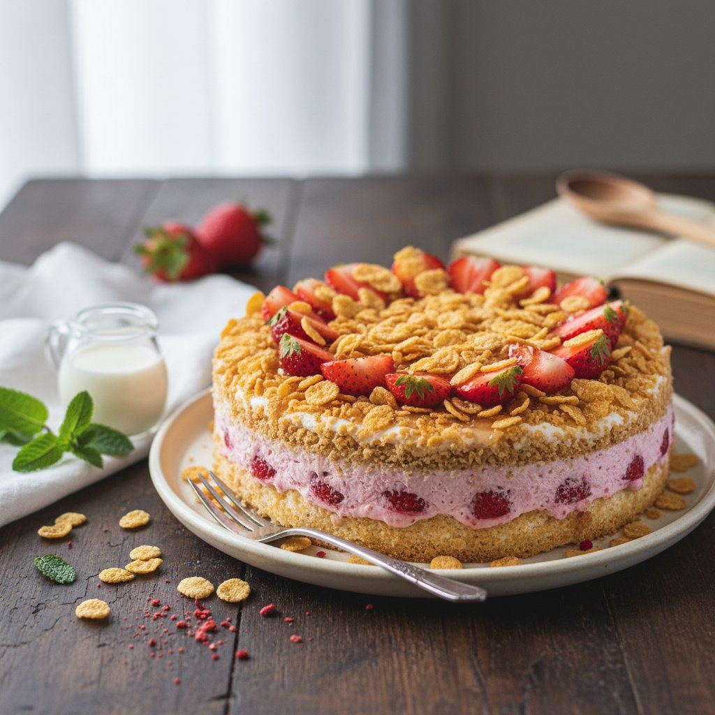 Nostalgic Cornflake Strawberry Crunch Cake