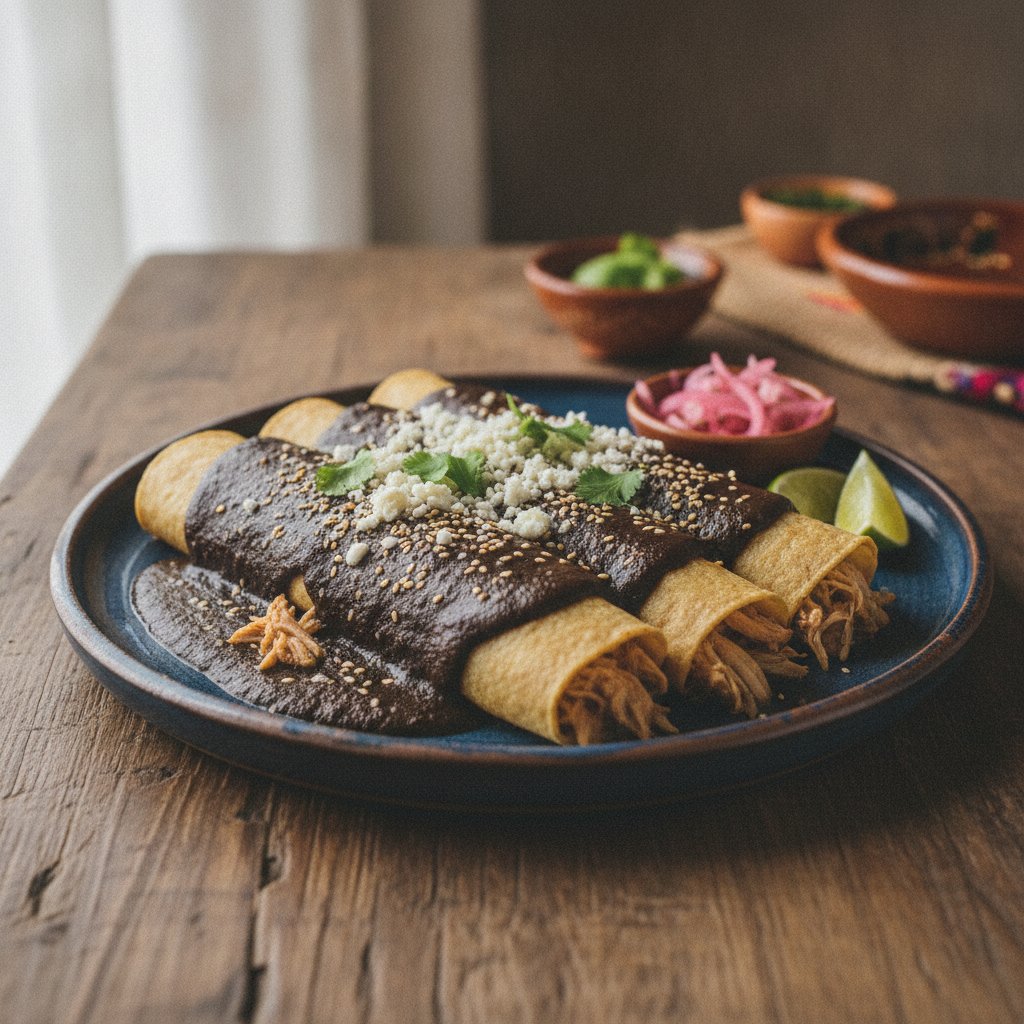 Oaxacan Black Mole Enchiladas with Braised Chicken and Fresh Queso