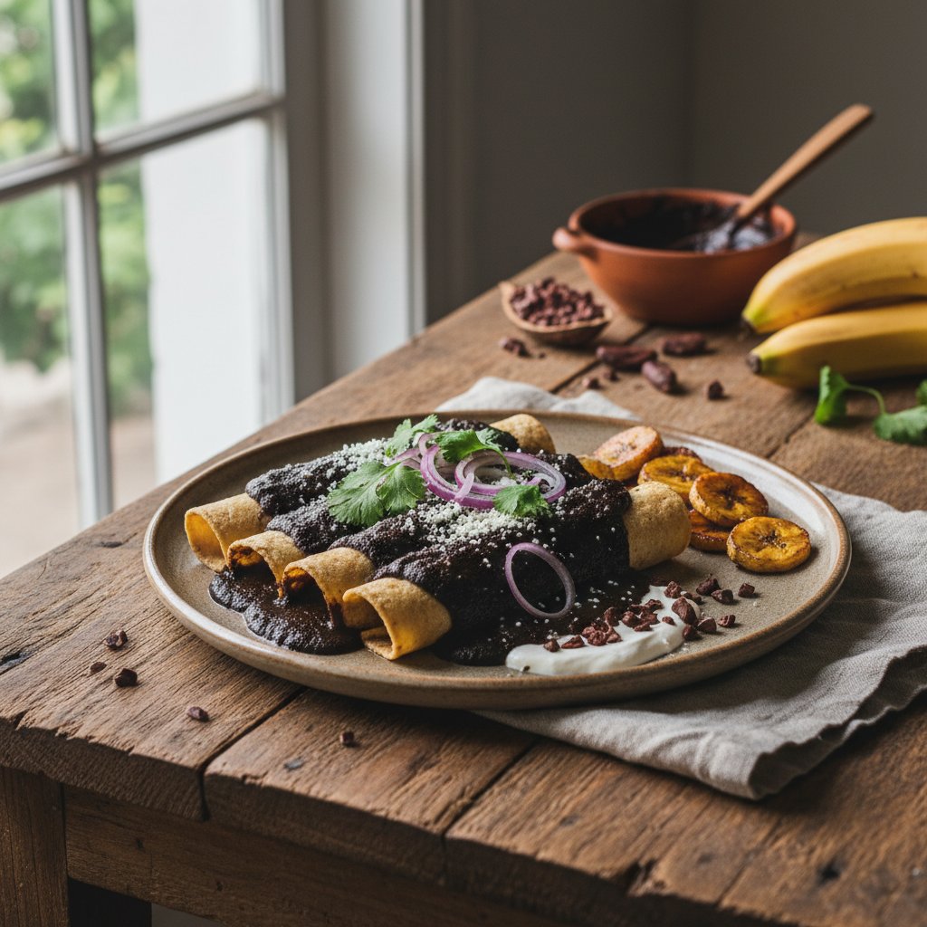 Oaxacan Black Mole Enchiladas with Cacao and Plantain