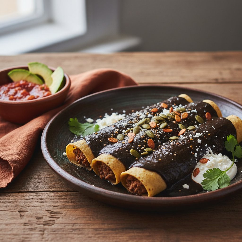 Oaxacan Black Mole Enchiladas with Spiced Pumpkin Seeds
