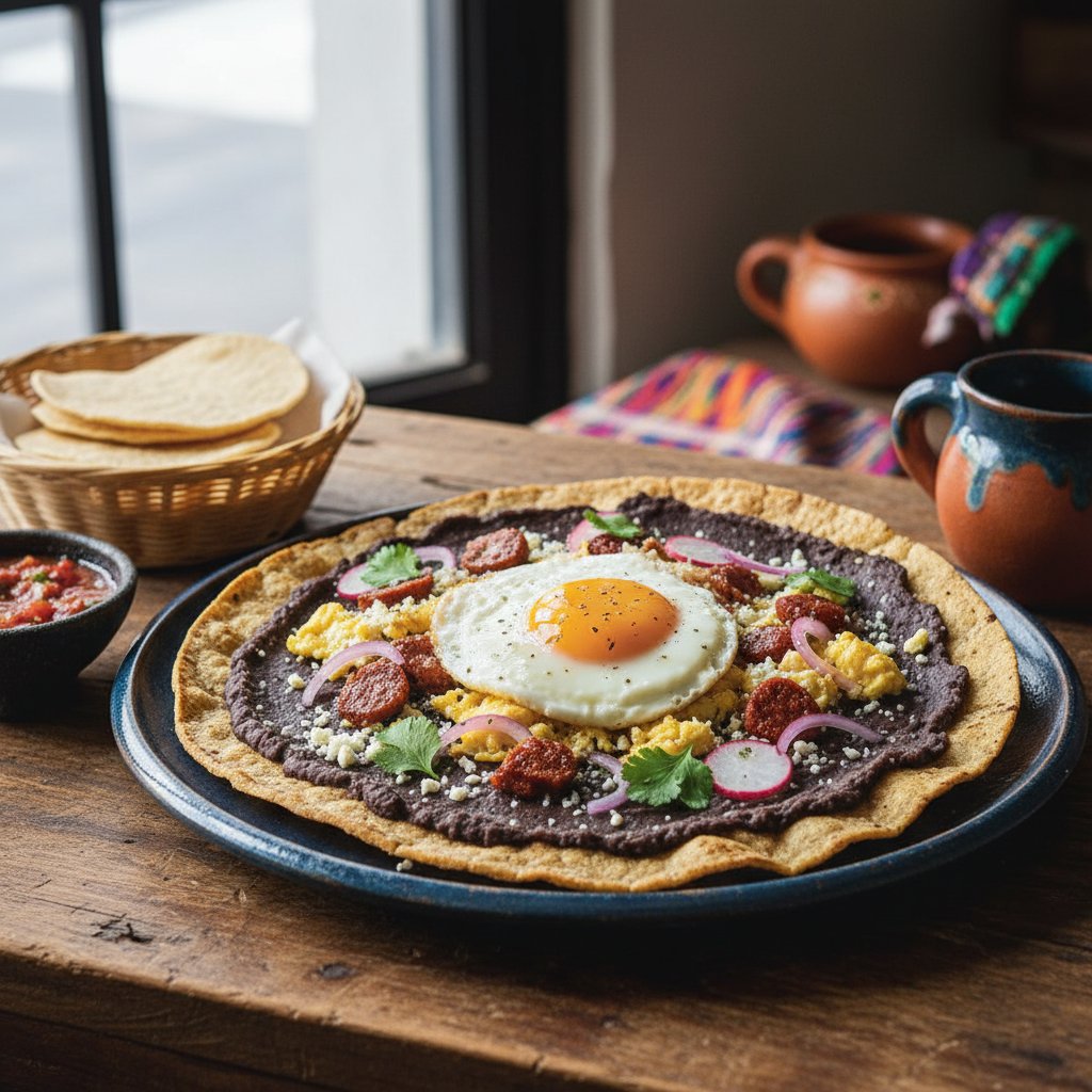 Oaxacan Breakfast Tlayuda with Smoky Black Bean Spread