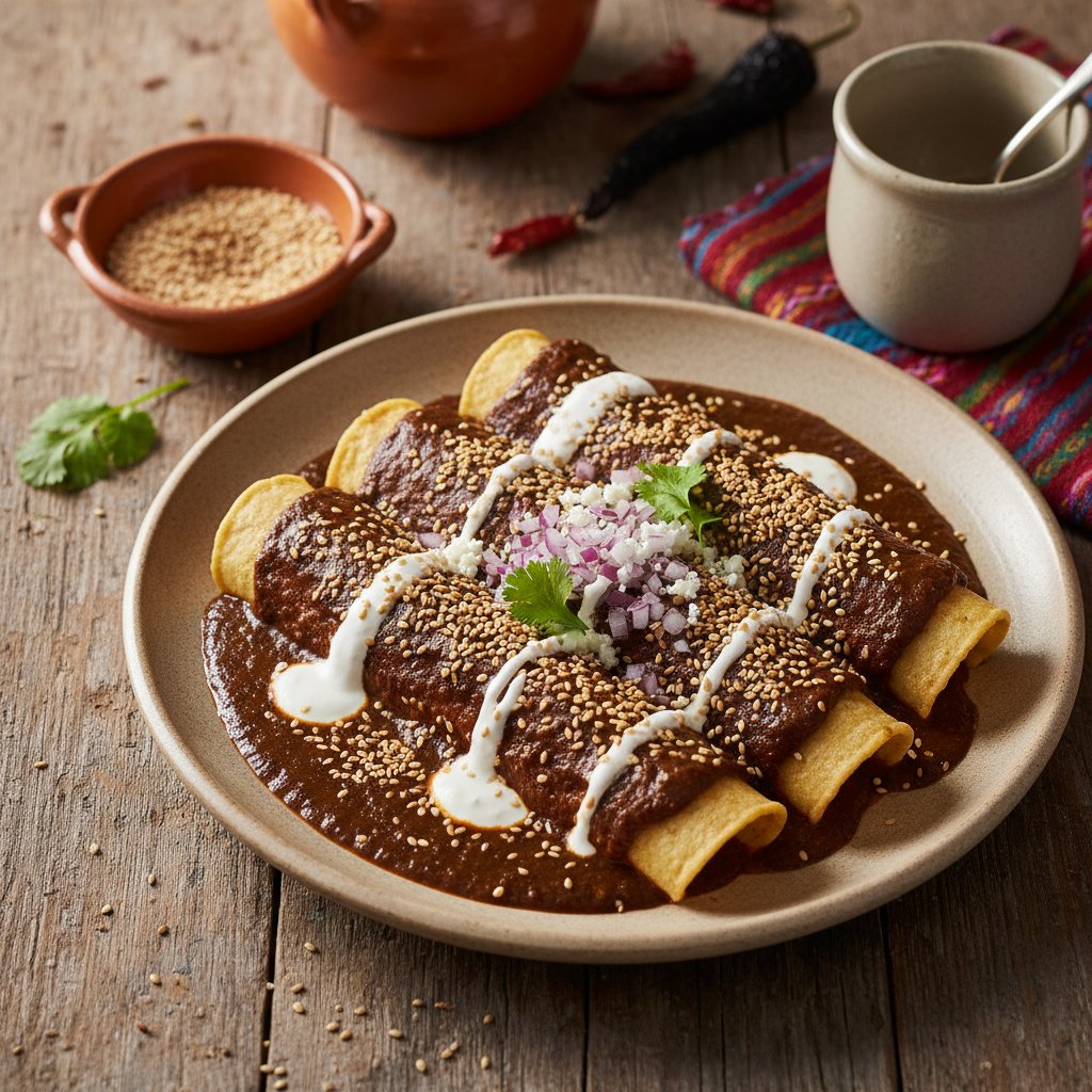 Oaxacan Mole Poblano Enchiladas with Toasted Sesame Seeds