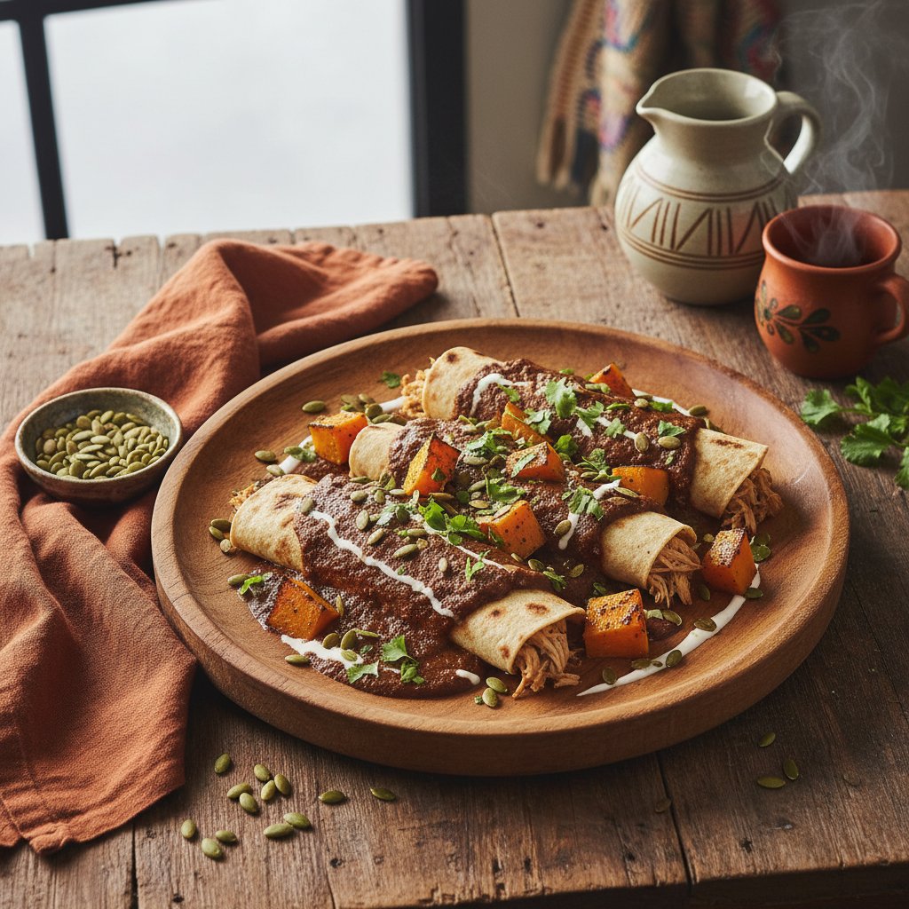 Oaxacan Weave: Mole Poblano Enchiladas with Roasted Pumpkin and Pepitas