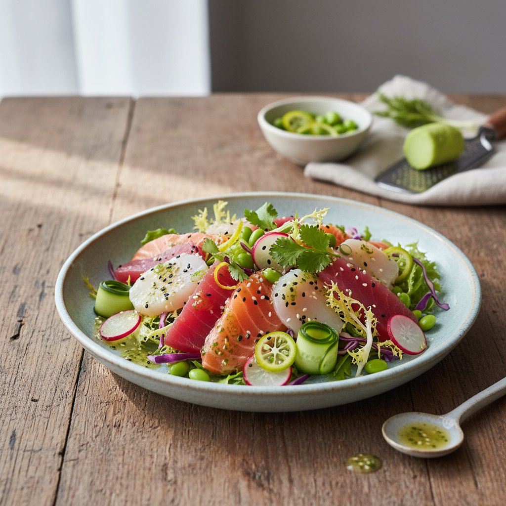 Ocean Harmony Sashimi Salad with Yuzu-Wasabi Vinaigrette