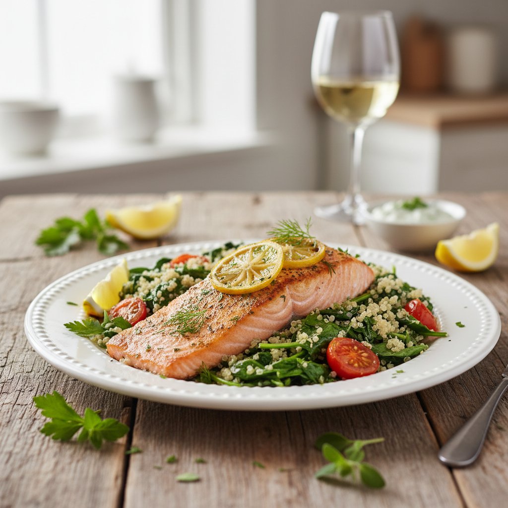 One-Pan Mediterranean Lemon Herb Salmon with Quinoa and Spinach