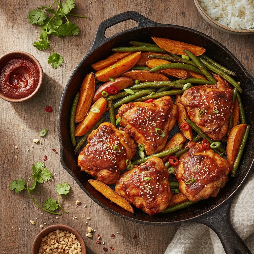 One-Pan Spicy Korean BBQ Chicken with Sweet Potatoes and Green Beans