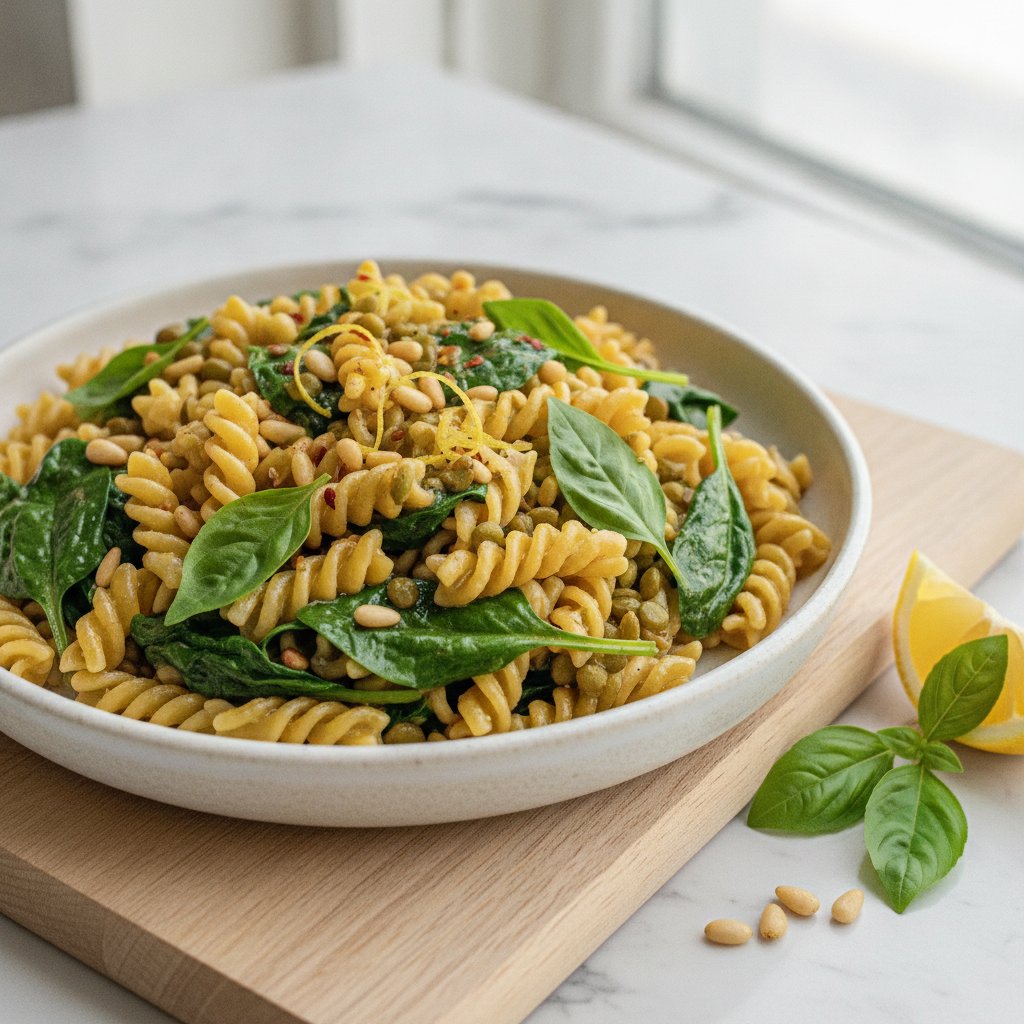 One-Pot Lemon Basil Lentil Pasta with Wilted Spinach & Toasted Pine Nuts