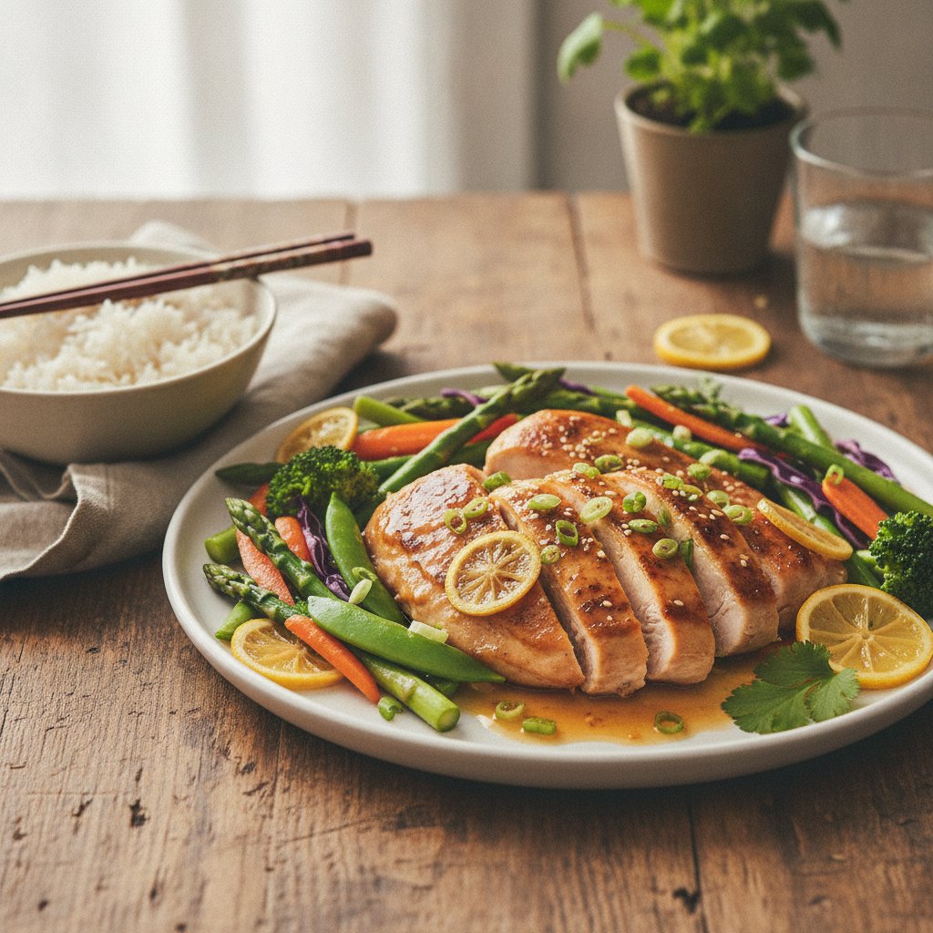 Pan-Seared Asian Lemon Ginger Chicken with Spring Vegetable Medley