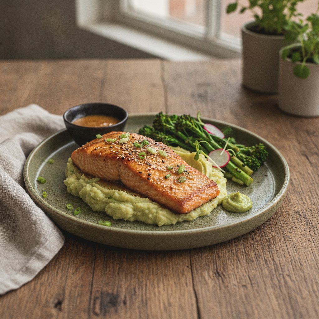 Pan-Seared Miso-Butter Salmon with Wasabi Mashed Potatoes