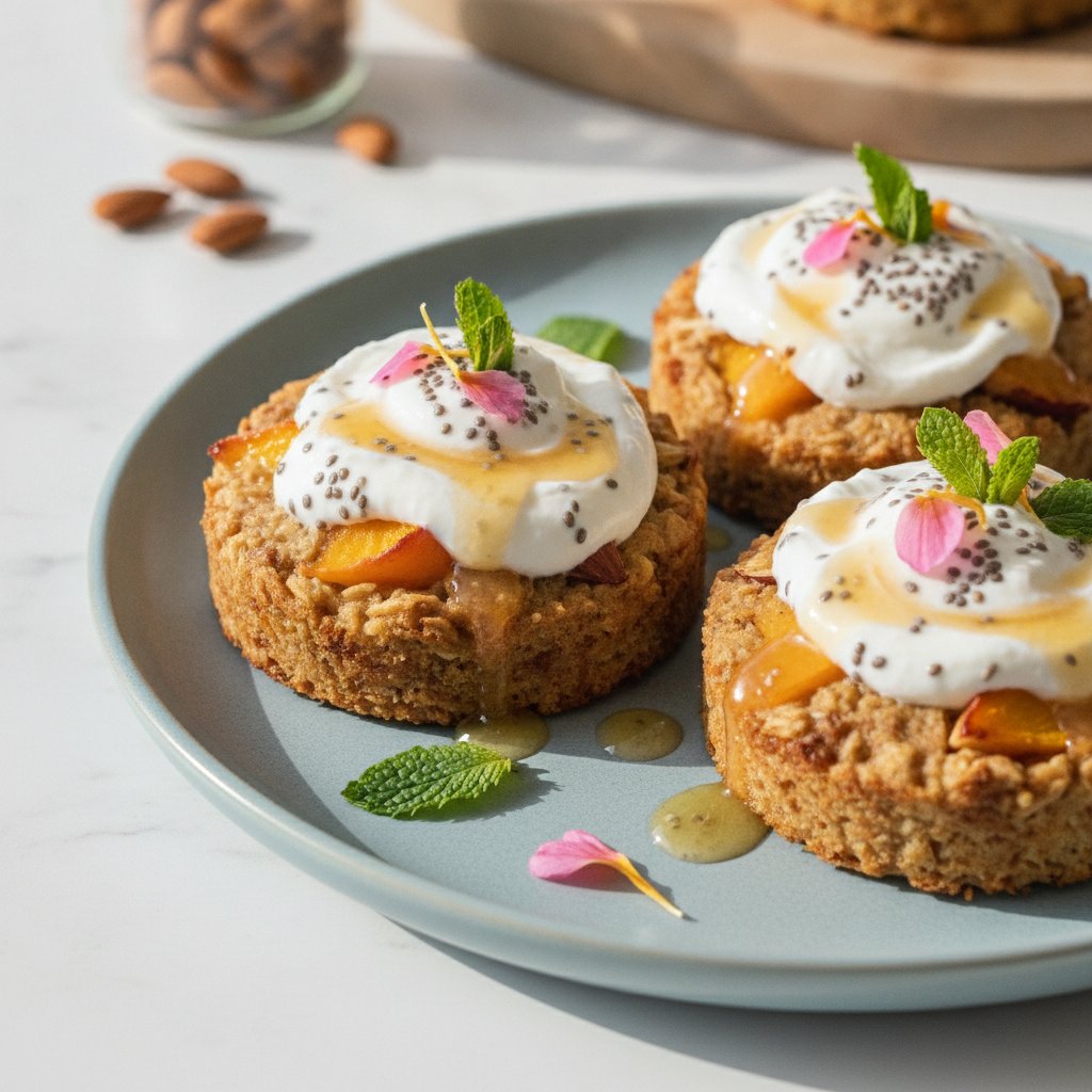 Peach Almond Butter Baked Oatmeal Cakes with Chia Yogurt Swirl