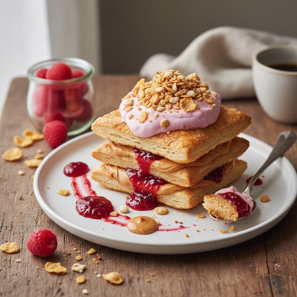 Peanut Butter and Jelly Mille-Feuille with Raspberry Whip and Cereal Crunch