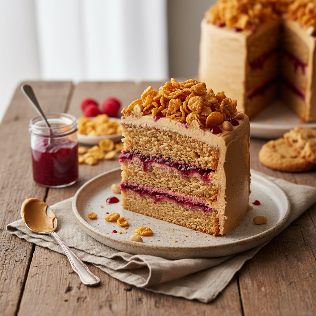 Peanut Butter & Jelly Cake with Crispy Cornflake Crunch