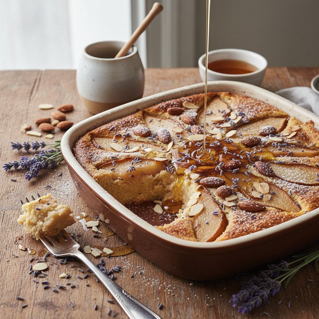 Pear and Almond Clafoutis with Honey Lavender Drizzle