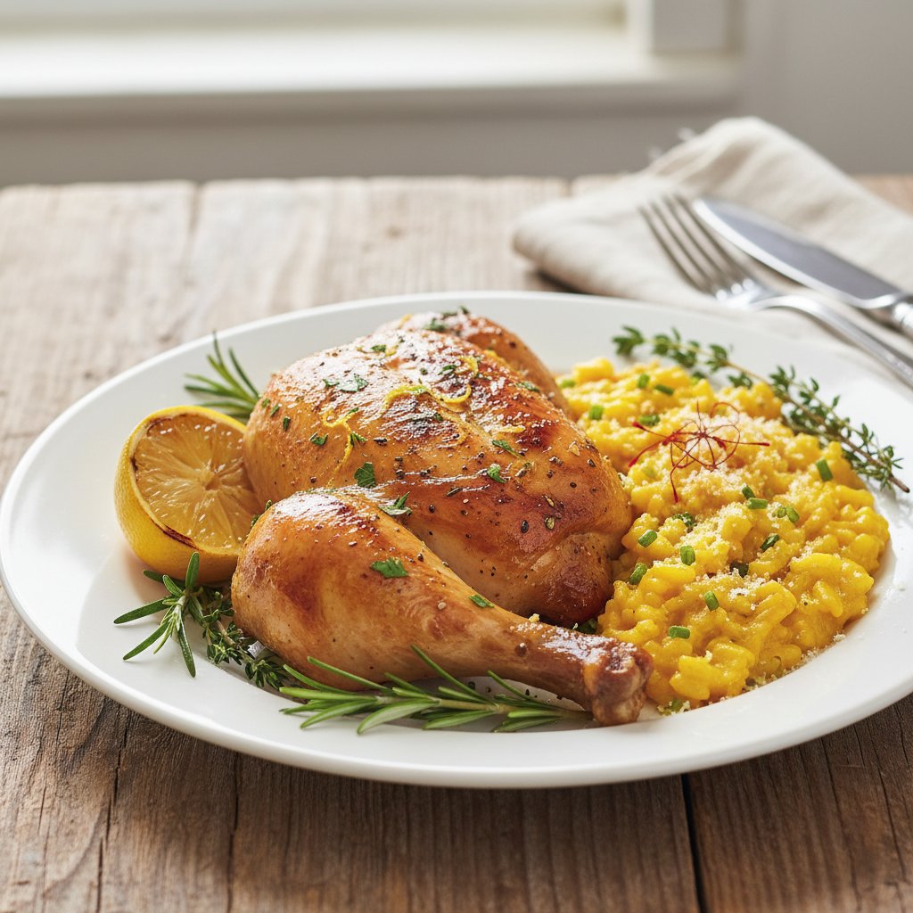 Polished Lemon-Herbed Chicken with Saffron Risotto