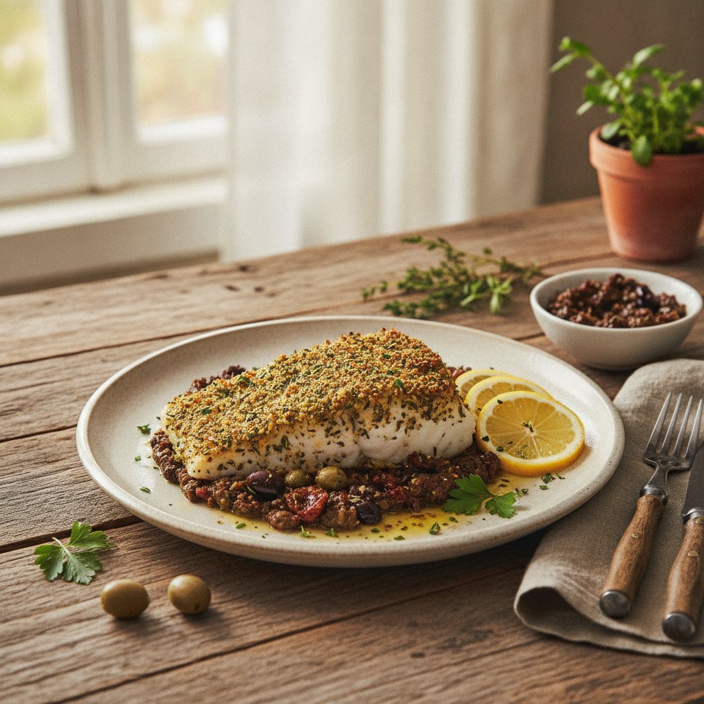 Provencal Herb-Crusted Cod with Olive Tapenade and Lemon