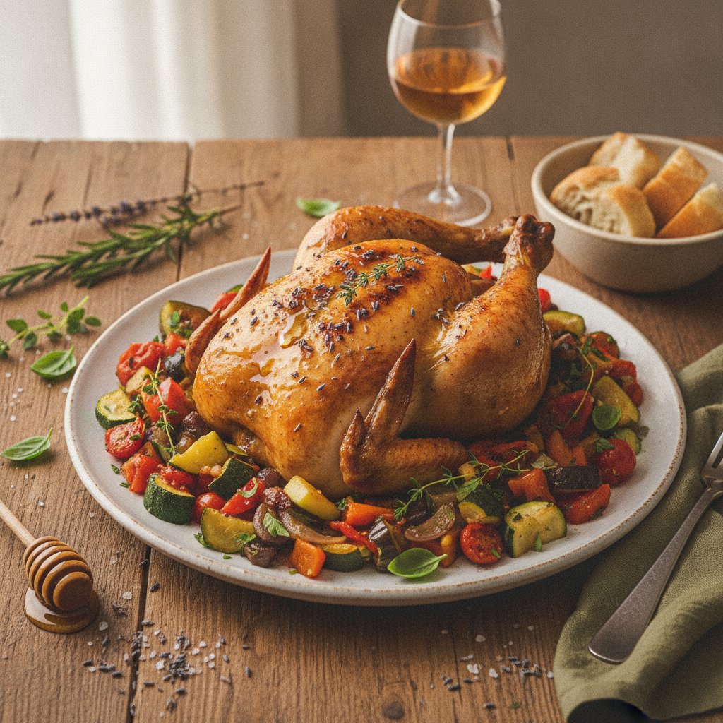 Provencal Lavender Honey Roasted Chicken with Herbed Ratatouille