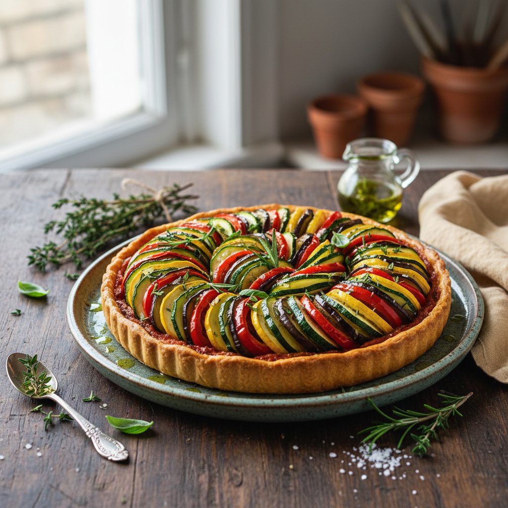Provencal Ratatouille Tart with Herb-Infused Olive Oil
