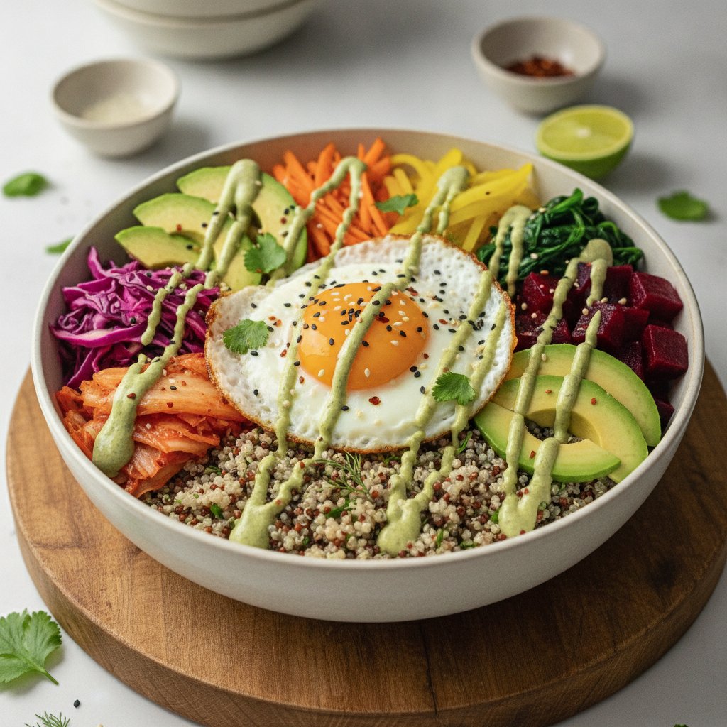 Rainbow Kimchi & Veggie Bibimbap Bowls with Herbal Quinoa and Miso-Lime Drizzle