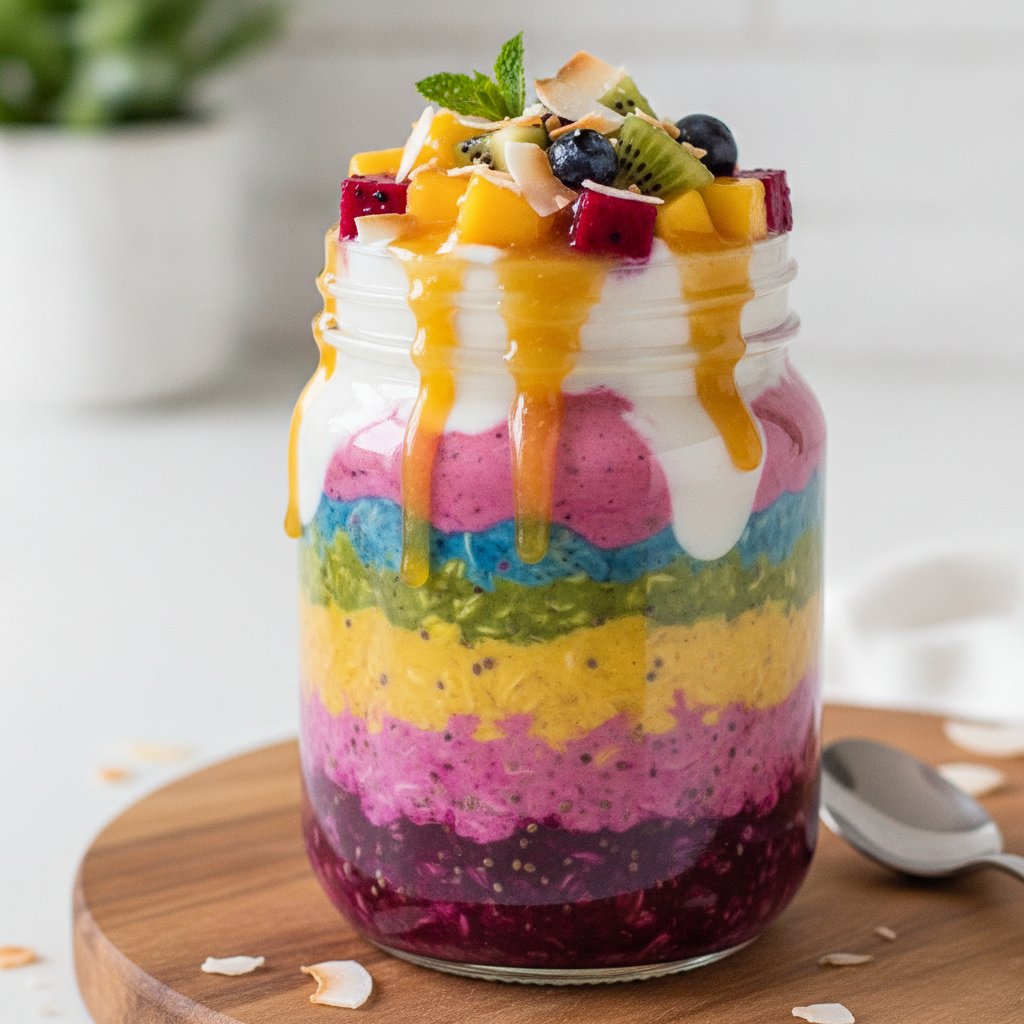 Rainbow Layered Tropical Overnight Oats with Coconut Mango Swirl