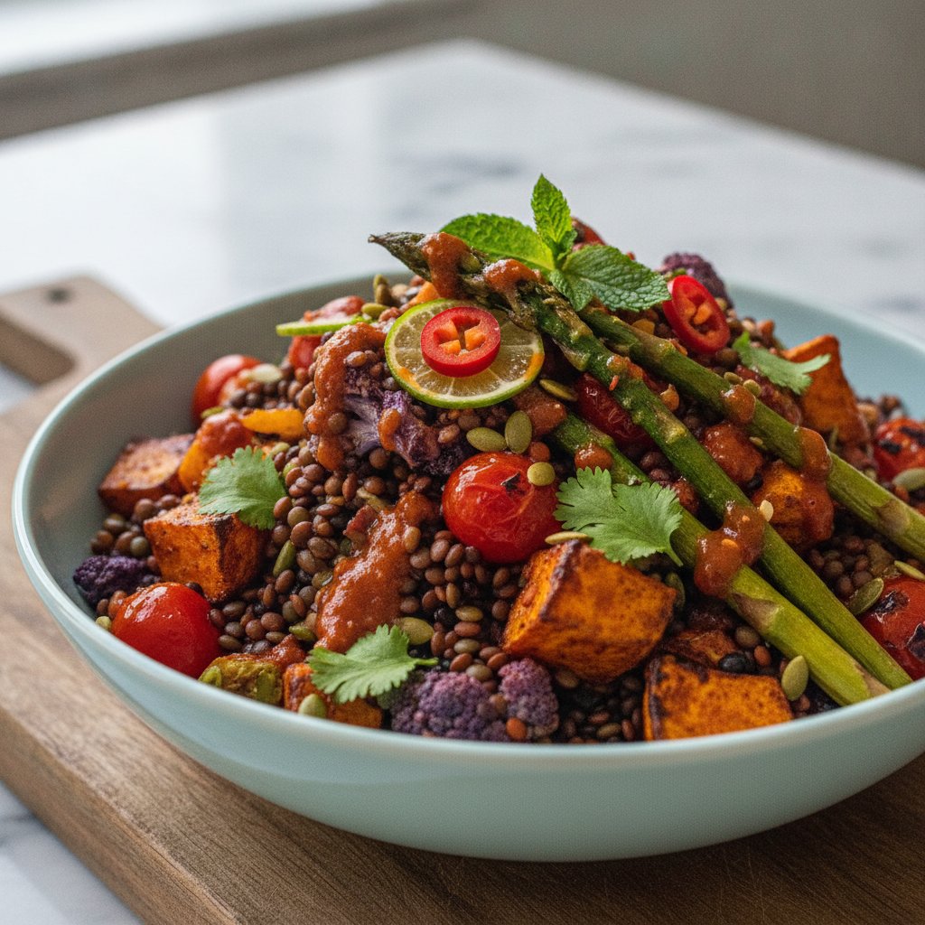 Rainbow Lentil & Roasted Veggie Fiber Bowl with Chili-Lime Dressing