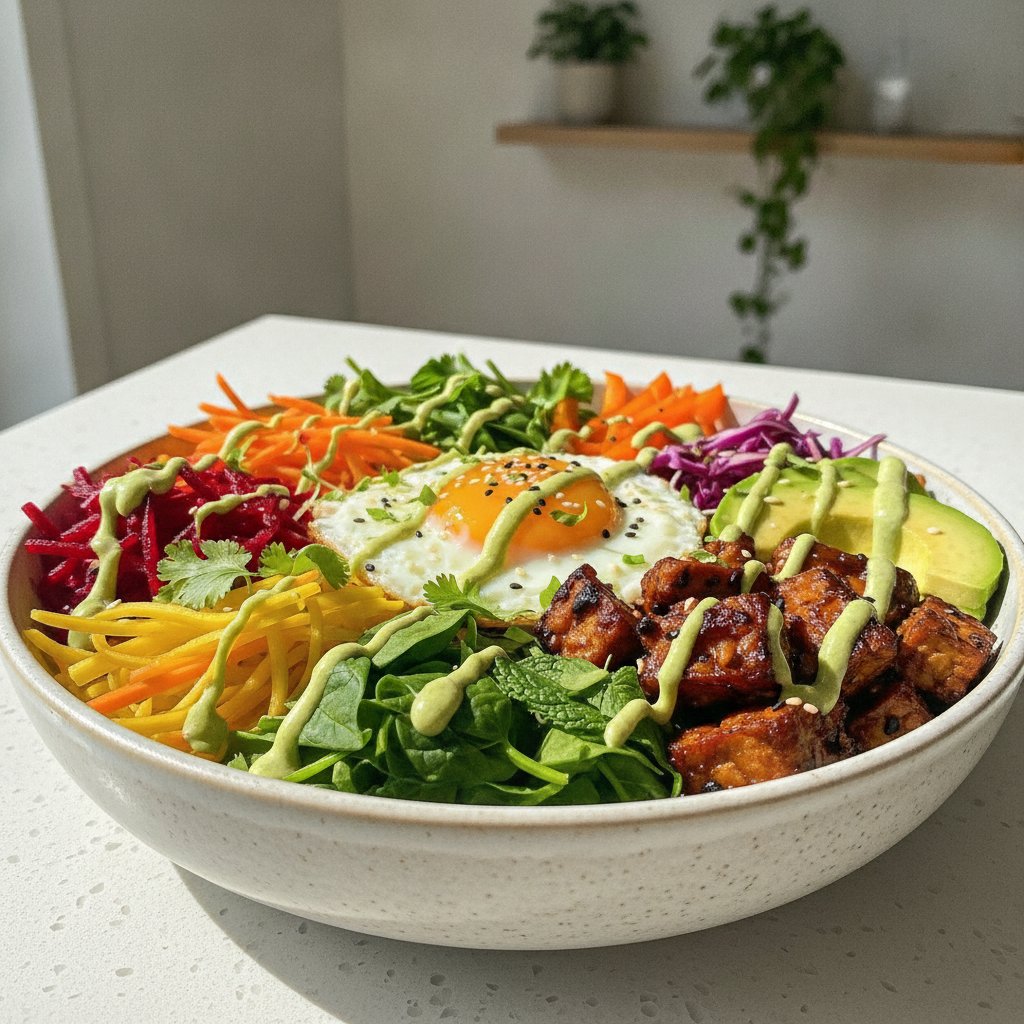 Rainbow Veggie Bibimbap Bowl with Smoky Tempeh and Avocado Drizzle
