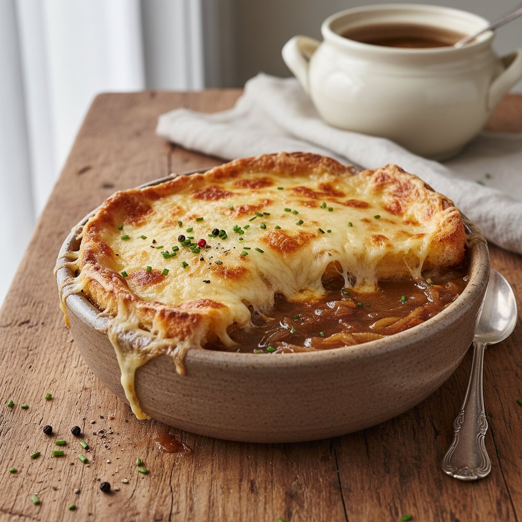 Rich French Onion Soup with Gruyere Croutons