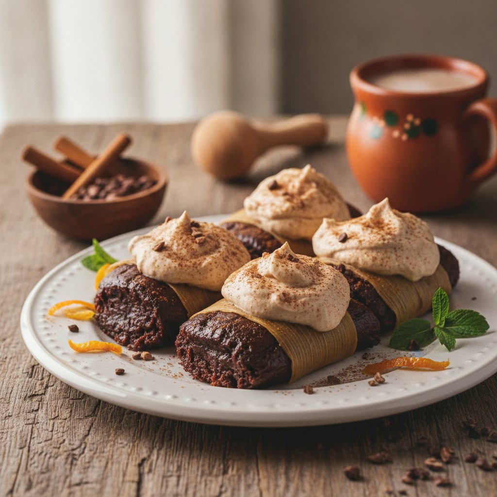Rich Oaxacan Chocolate Tamales with Cinnamon-Infused Whipped Cream