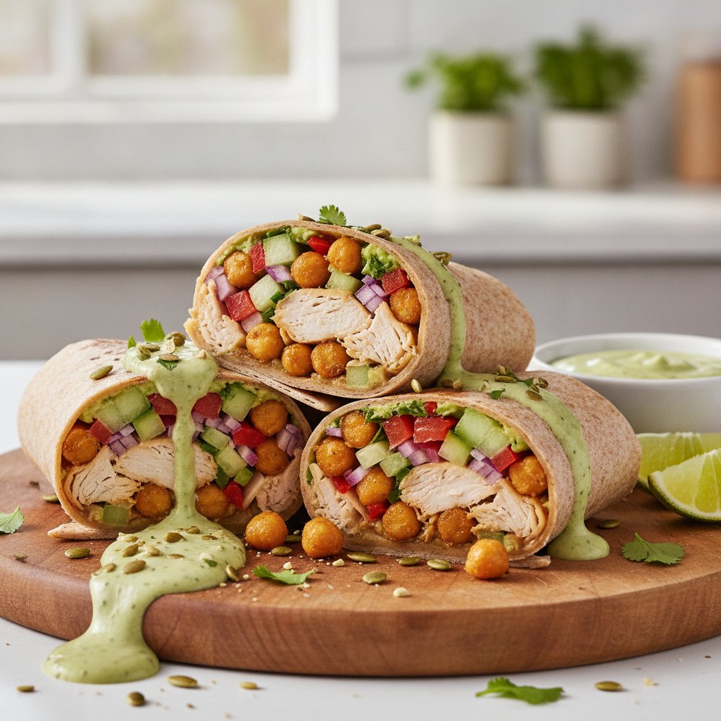 Roast Chicken & Chickpea Chopped Wraps with Creamy Avocado-Pepita Dressing