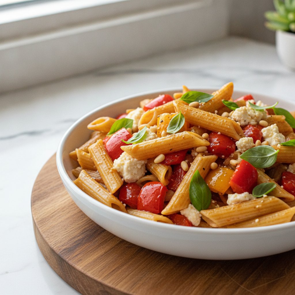 Roasted Bell Pepper and Feta Pasta with Basil and Chickpea Penne