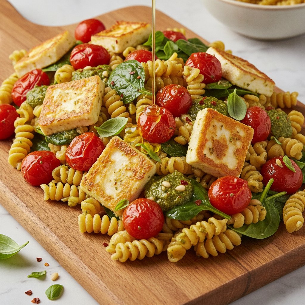Roasted Feta and Tomato Chickpea Pasta with Spinach and Basil Pesto
