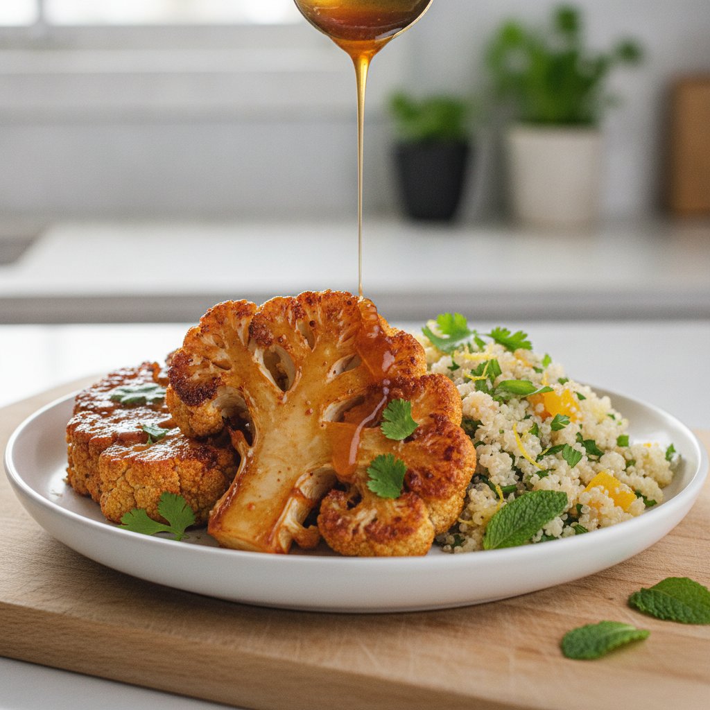 Roasted Gochujang-Vanilla Glazed Cauliflower Steaks with Citrus-Herb Quinoa