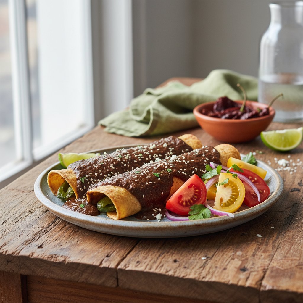 Roasted Poblano and Heirloom Tomato Enchiladas with Ancho Mole