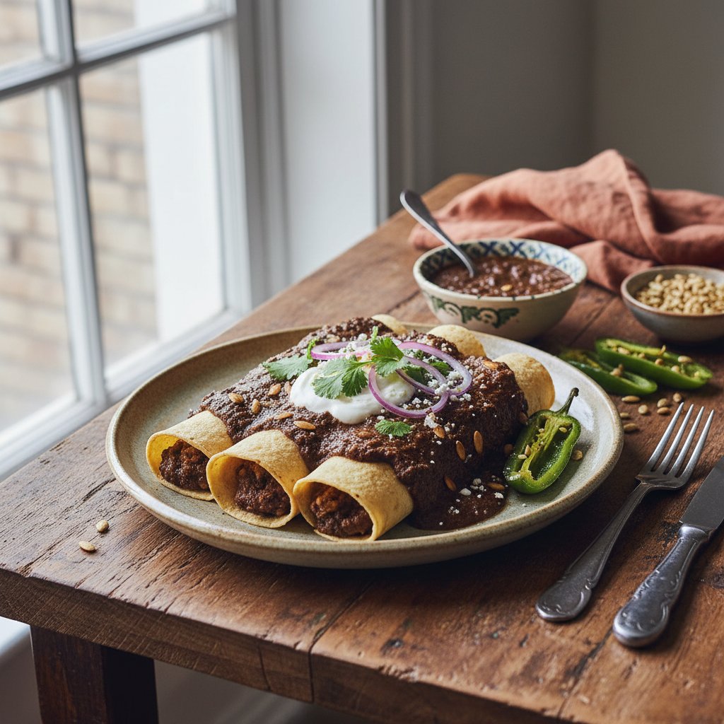 Roasted Poblano and Pumpkin Seed Mole Enchiladas