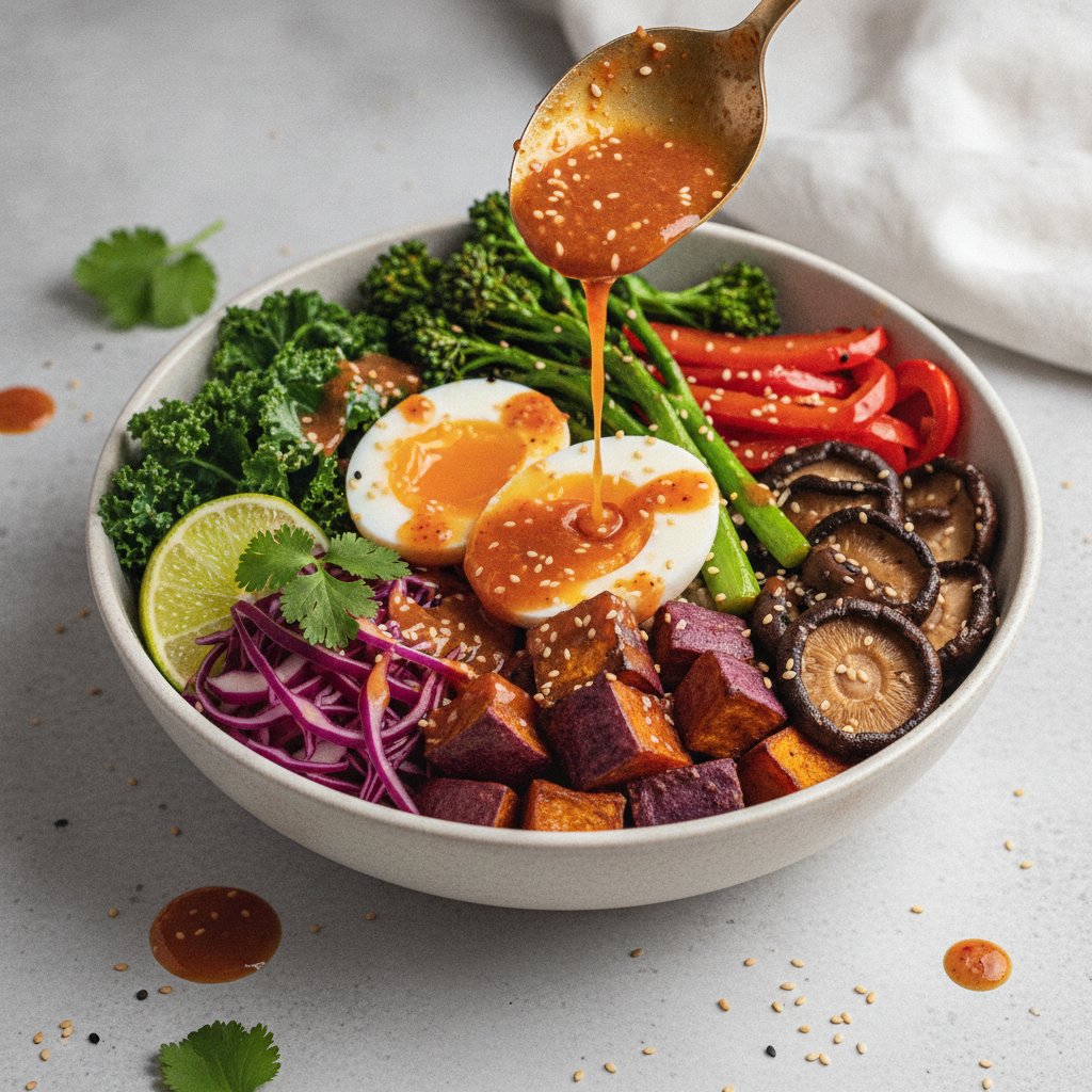 Roasted Veggie Bibimbap Bowls with Citrus-Kimchi Dressing