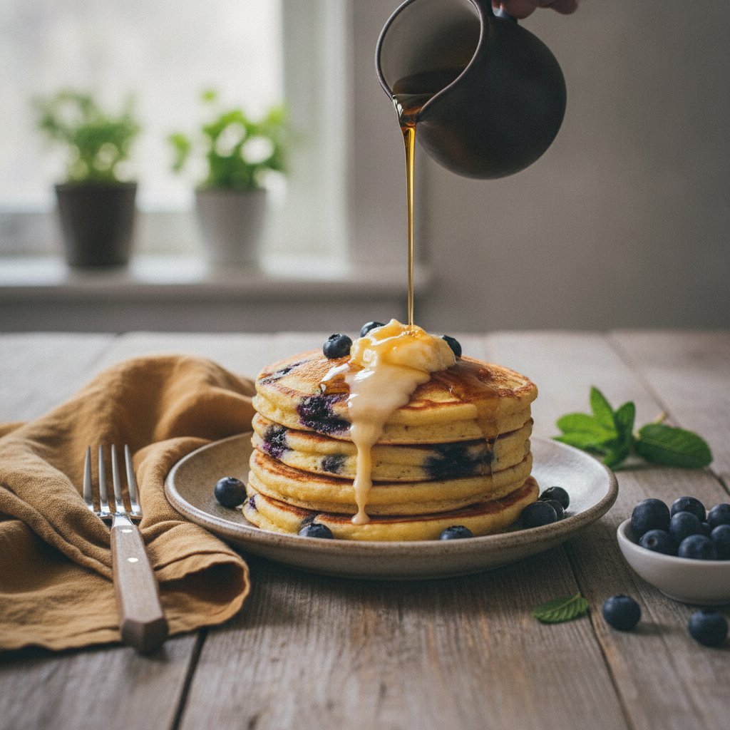 Rustic American Blueberry Cornbread Pancakes with Maple Butter