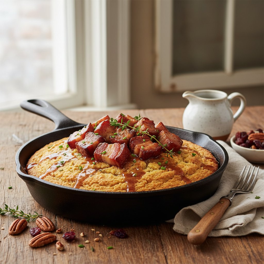 Rustic American Cornbread Skillet with Vermont Maple and Crispy Pork Belly