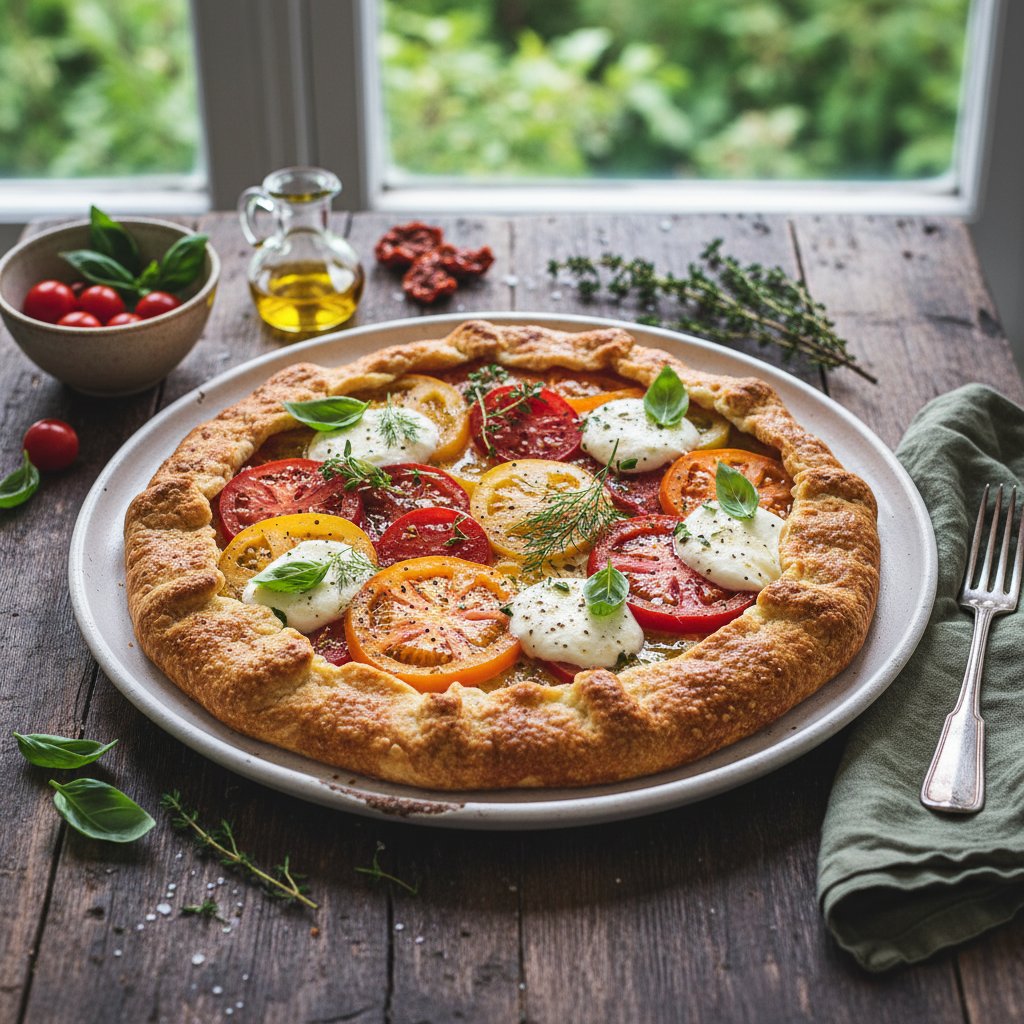 Rustic California Tomato and Burrata Tart with Garden Herbs