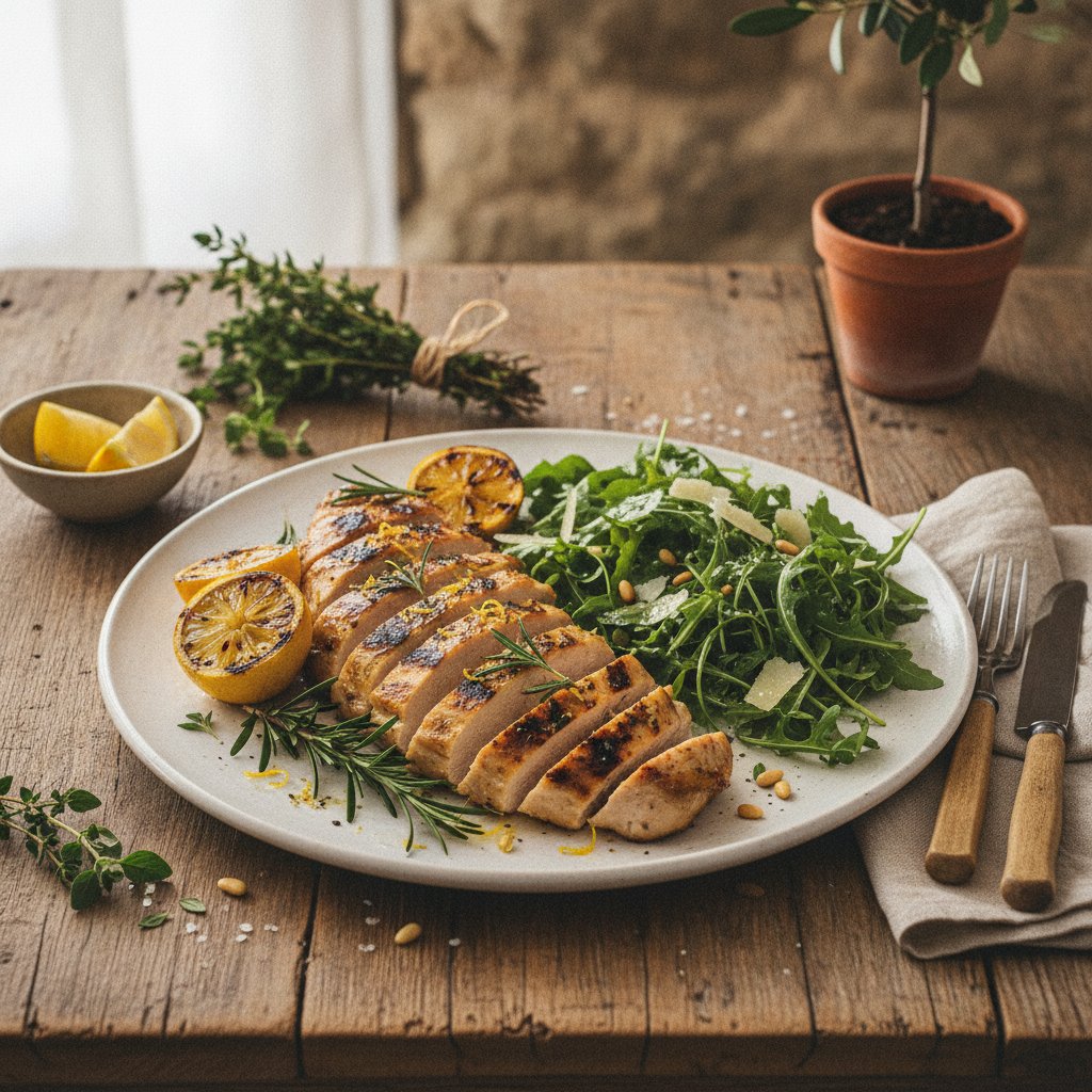 Rustic Italian Lemon and Herb Grilled Chicken with Arugula Salad