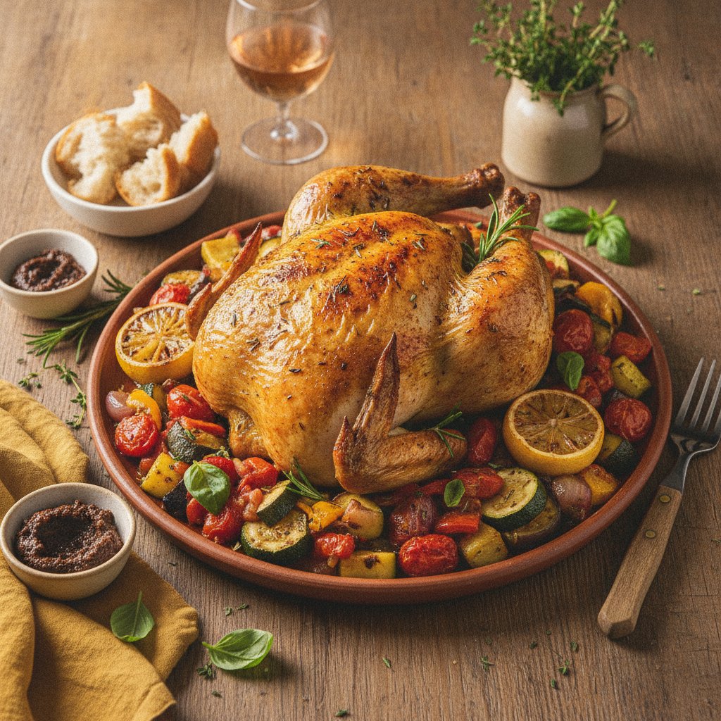 Rustic Provençal Lemon Herbed Roast Chicken with Ratatouille